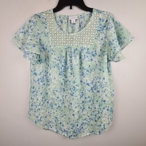 Liz Claiborne Womens Floral Flutter Sleeve Crochet Lace Top Medium Mint Green